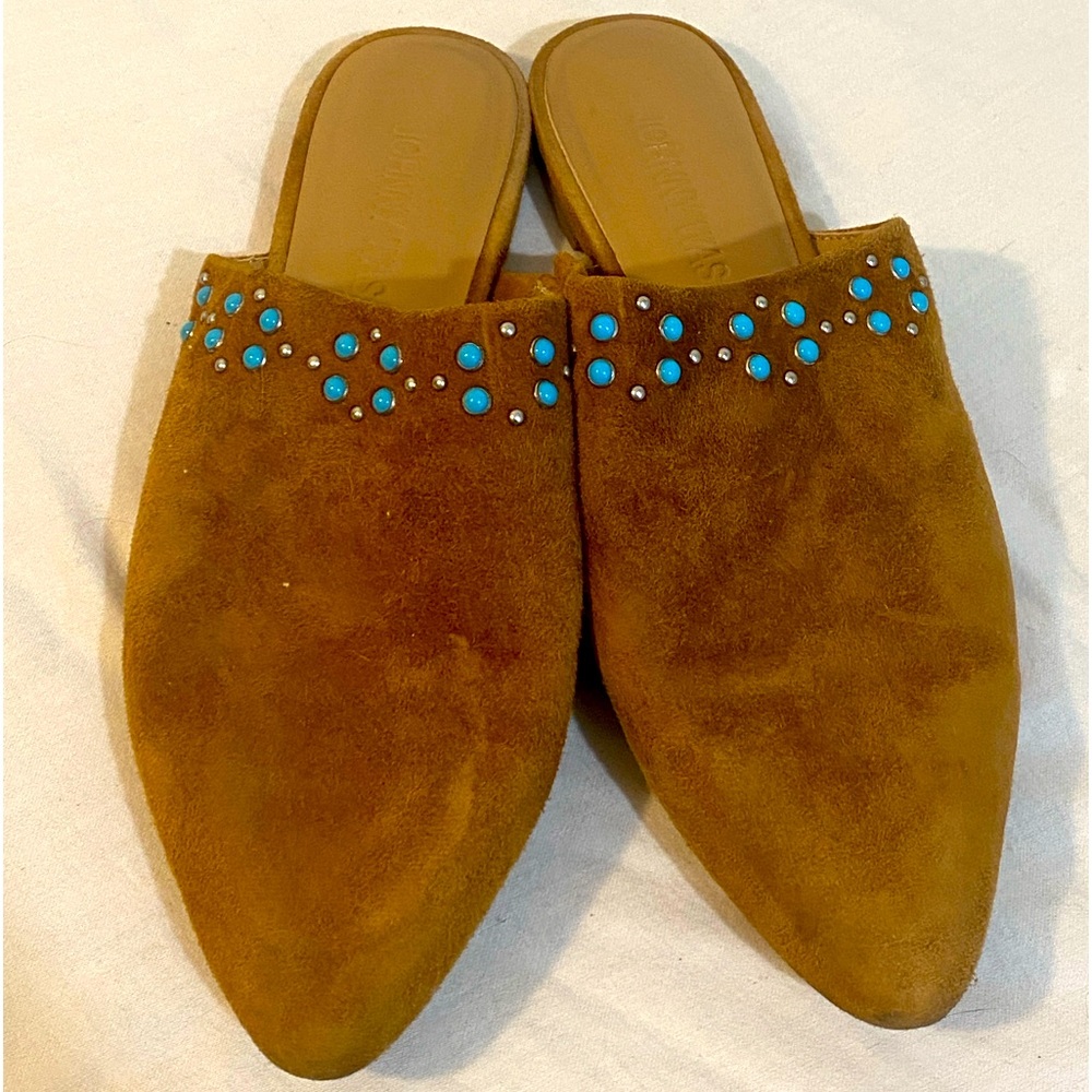 Johnny Was suede slip on mules with turquoise and silver bead accents, camel